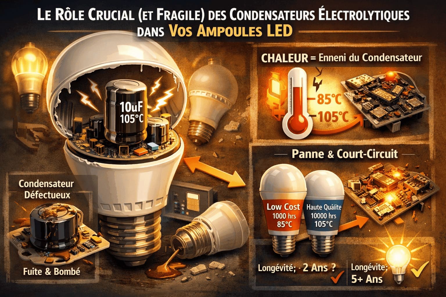 ⚠️Le Rôle Crucial (et Fragile) des Condensateurs Électrolytiques dans Vos Ampoules LED